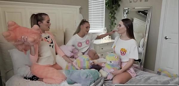  Best friends Emma Hix, Katie Kush and Sera Ryder are having wonderful party, they invited David Lee to join and play a level up spin the bottle.